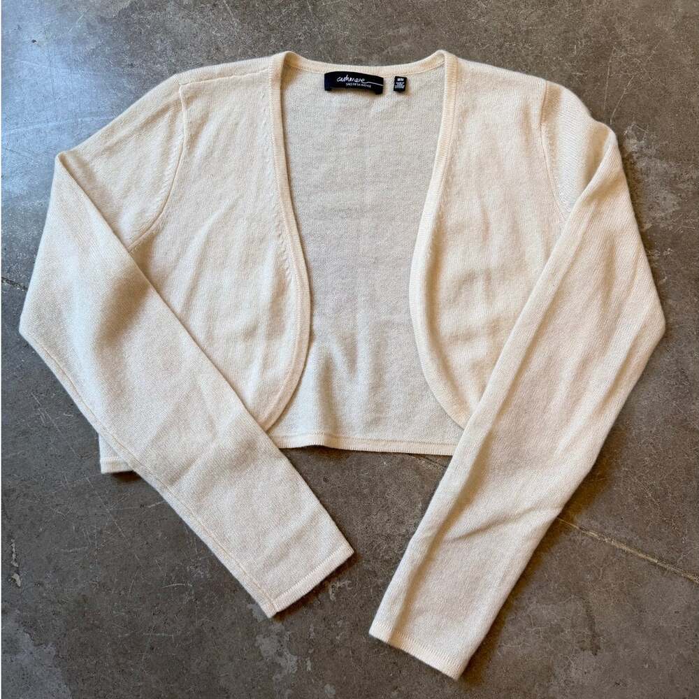 Saks Fifth Avenue Cashmere Ivory Cropped Bolero Open Cardigan Sweater Size M
